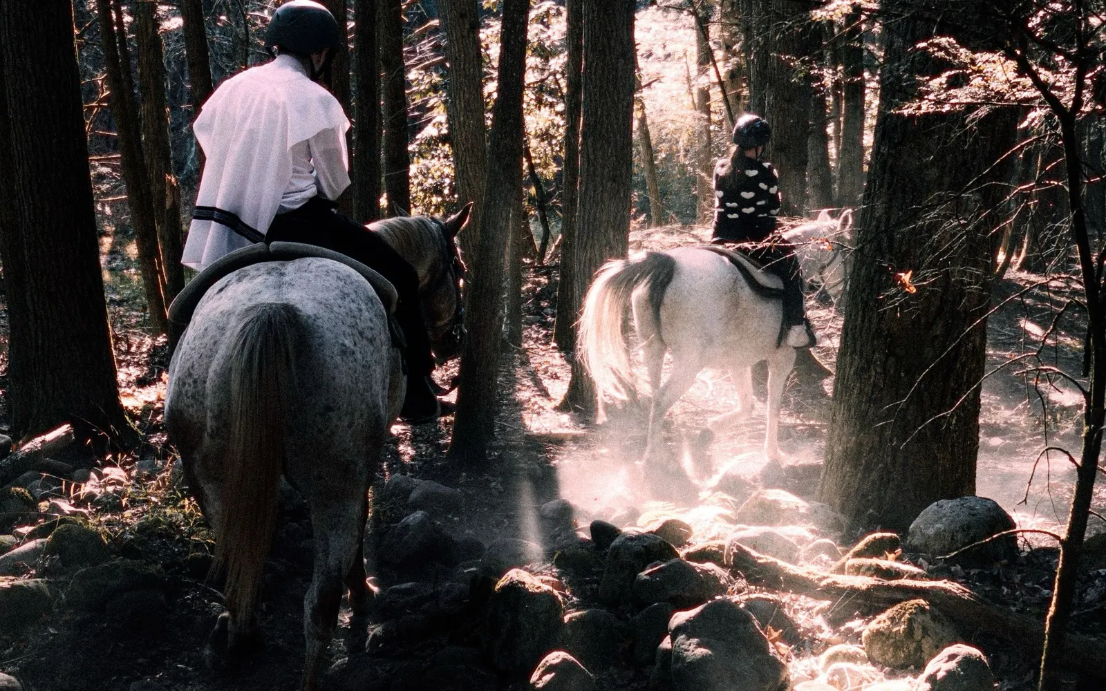 Two riders at the ranch on a sunny day